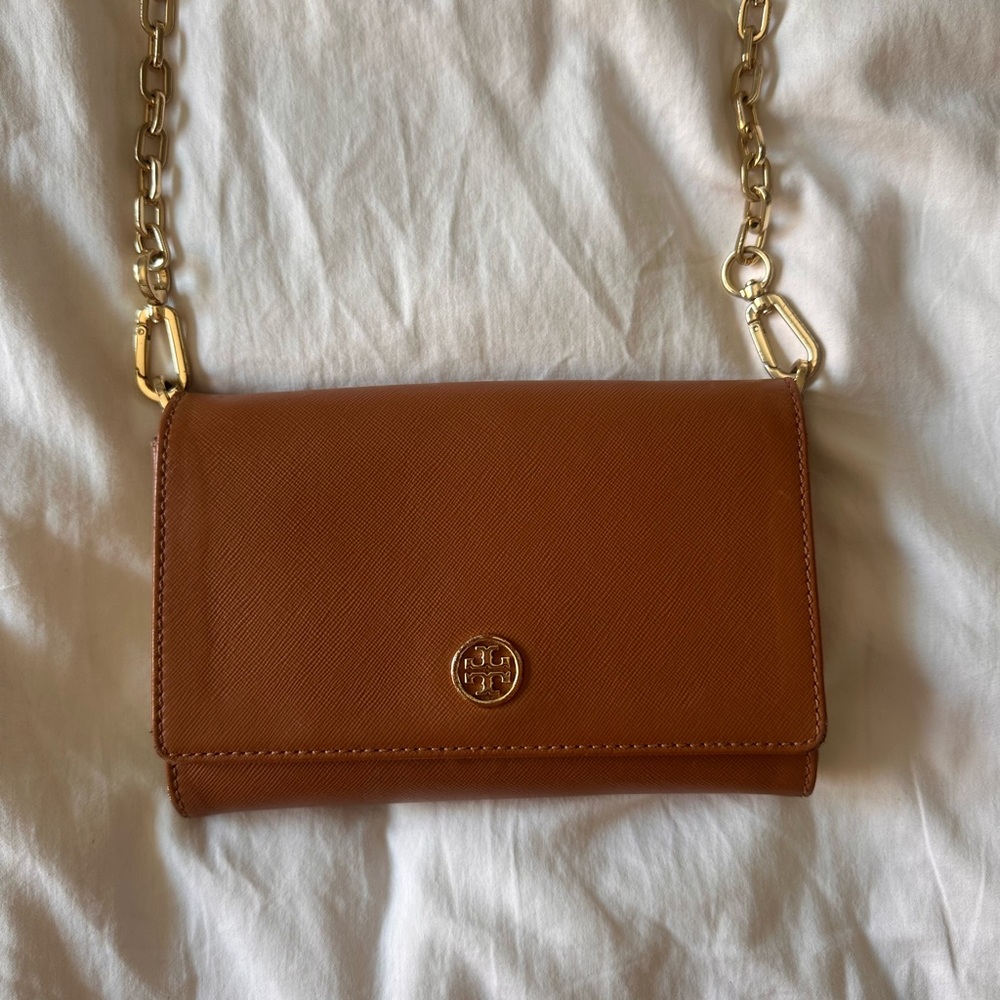 Tory Burch Tan Leather Wallet on Chain Crossbody Bag